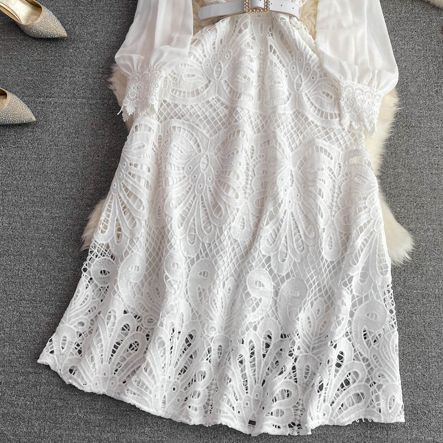 High Quality Lace Round Neck Lantern Sleeve Hook Flower Vintage Dress