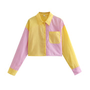 Short Striped Print Blouses with Pocket