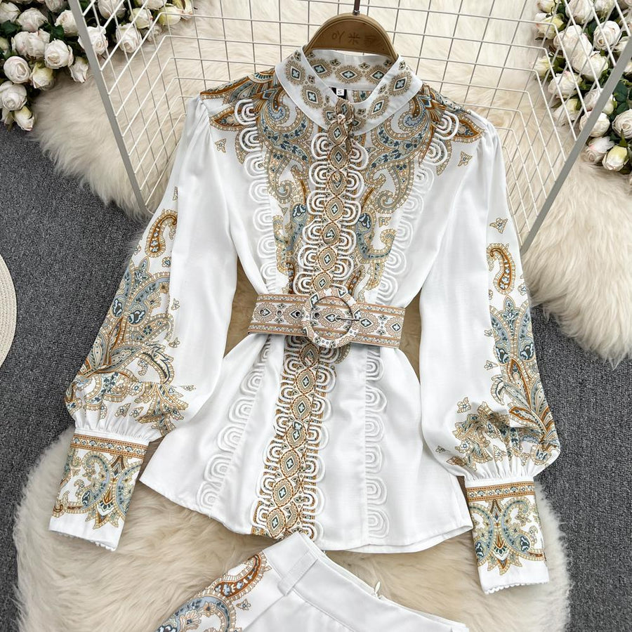 2 piece suit top with high neck, puff sleeve, vintage print blouse and shorts with belt pocket high quality