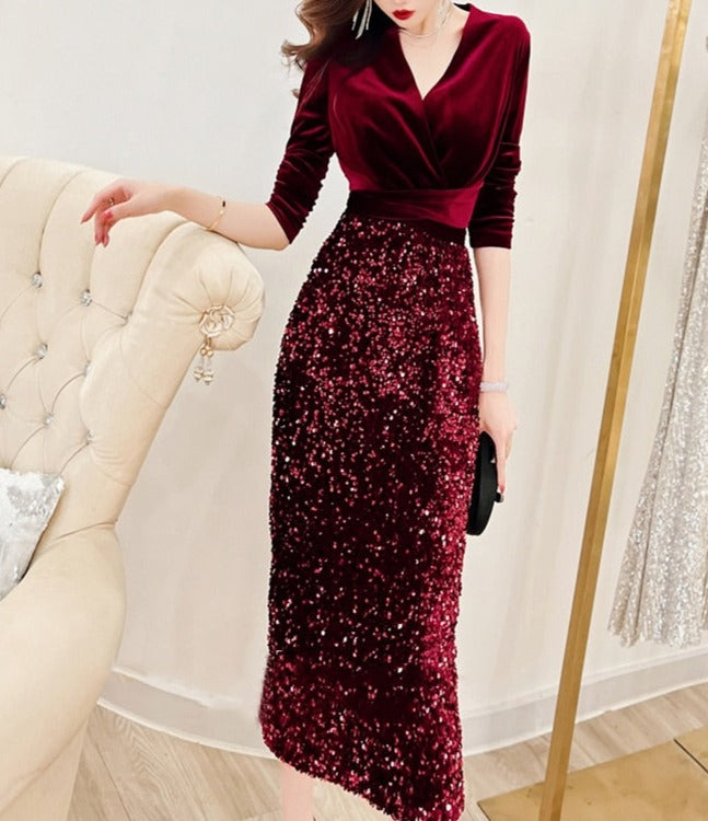 Elegant velvet long-sleeved dress with high-quality sequins