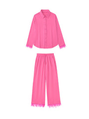Women Fashion With Feathers 2 Piece Set Single Breasted Blouse & Vintage Elastic Waist Trouser Female Chic Pants Sets