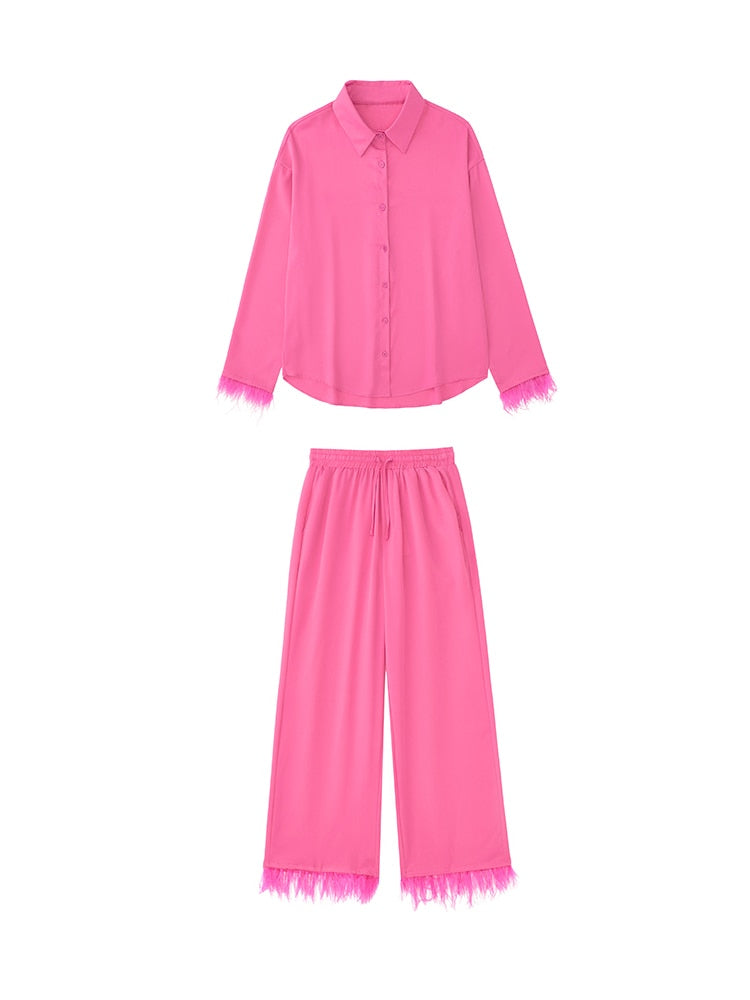 Women Fashion With Feathers 2 Piece Set Single Breasted Blouse & Vintage Elastic Waist Trouser Female Chic Pants Sets