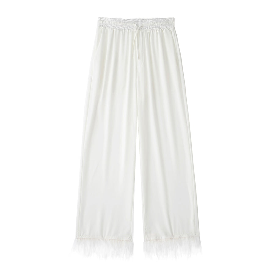 Women Fashion With Feathers 2 Piece Set Single Breasted Blouse & Vintage Elastic Waist Trouser Female Chic Pants Sets