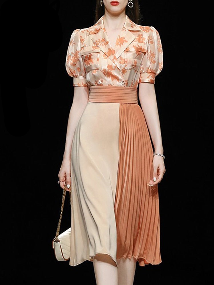 Two-piece sets printed shirt + pleated skirt matching colors