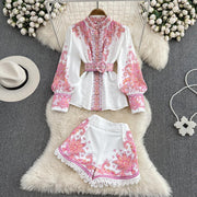 2 piece suit top with high neck, puff sleeve, vintage print blouse and shorts with belt pocket high quality