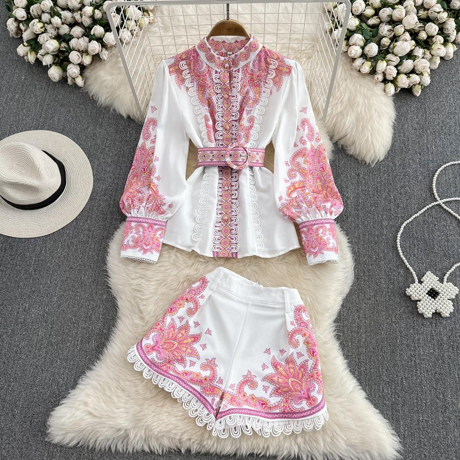 2 piece suit top with high neck, puff sleeve, vintage print blouse and shorts with belt pocket high quality
