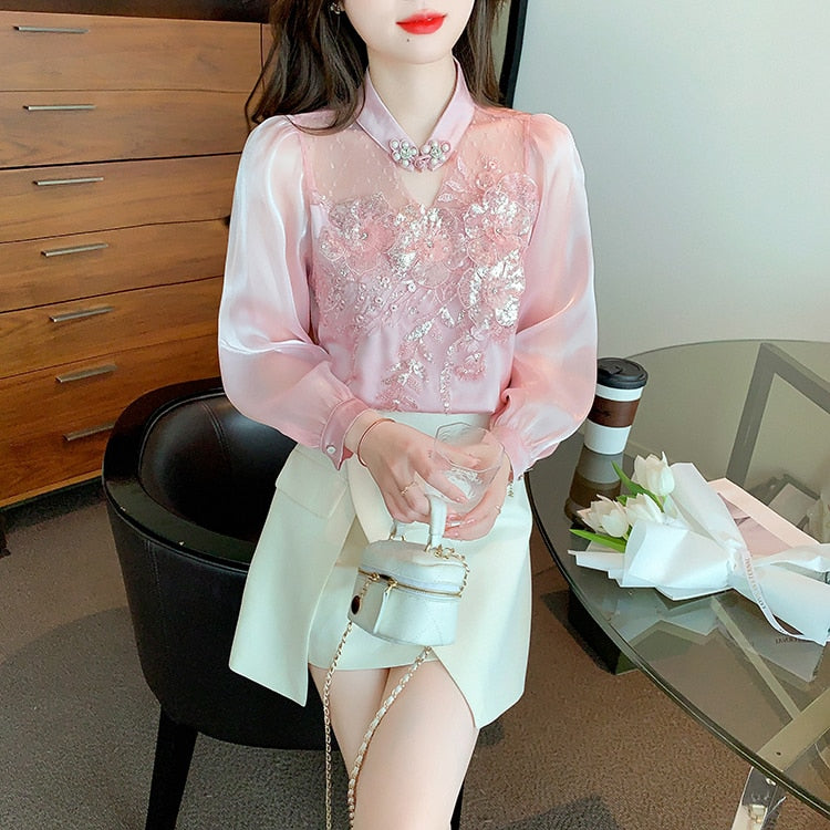 High quality loose beaded embroidery vintage elegant blouses