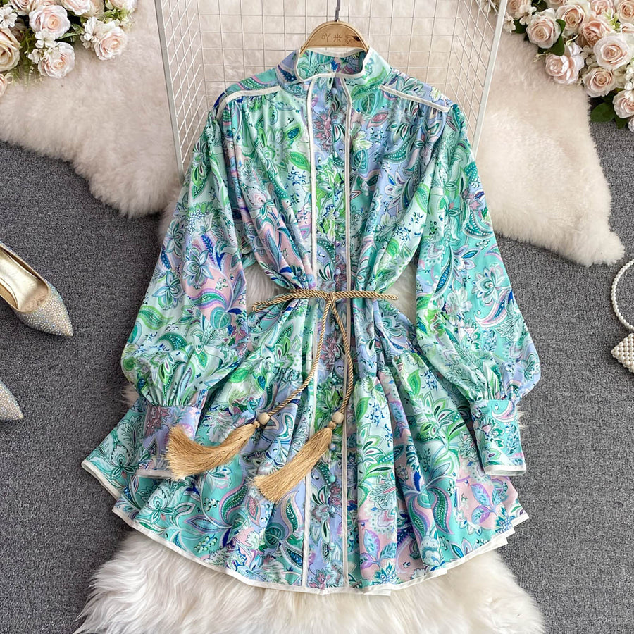 High Quality Big Hem Long Sleeve Turtleneck Printed Dress