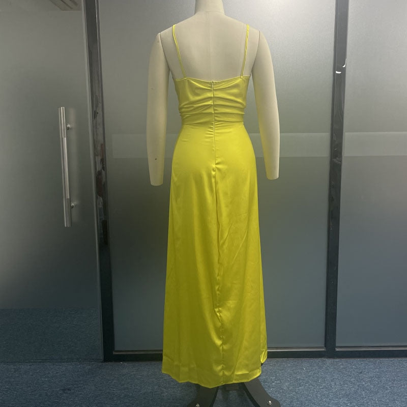 Women Dress Fashion Sexy Sling Solid Color V-Neck Sleeveless Lace Up Pleated Slit Loose Style Long Skirt High Streetwear