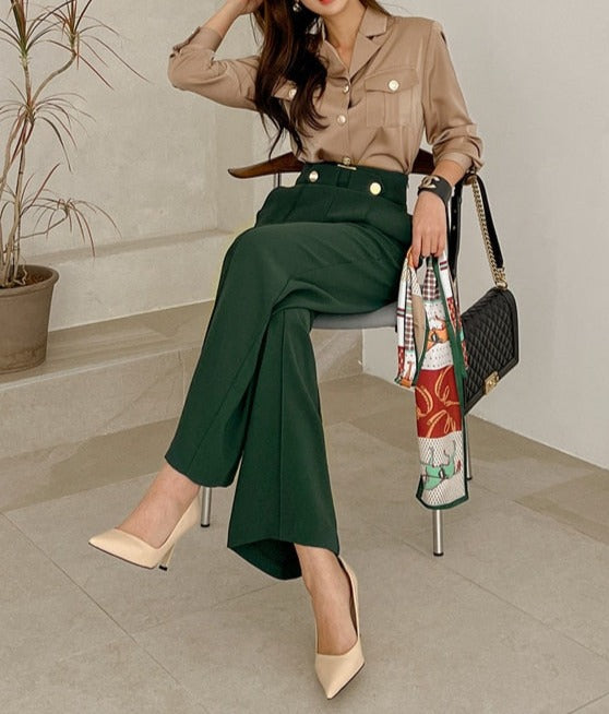 High Quality 2 Pieces Suits Elegant Long Sleeve Shirts + High Waist Pants