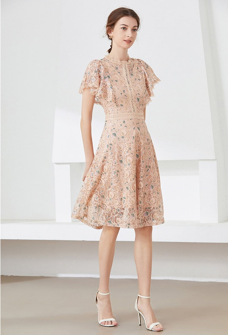 High quality multi color vintage designer flared elegant lace dress