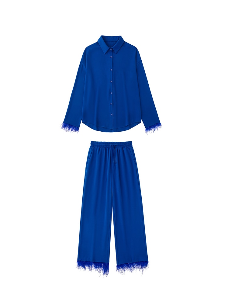 Women Fashion With Feathers 2 Piece Set Single Breasted Blouse & Vintage Elastic Waist Trouser Female Chic Pants Sets