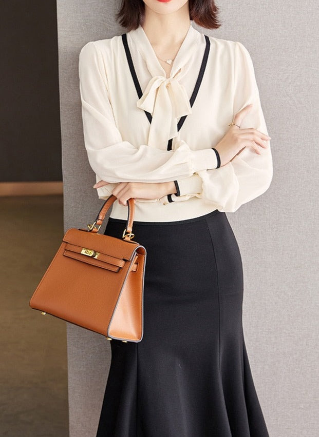 High Quality Long Sleeve Lace Up Chiffon Vintage Blouse