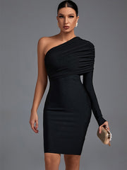Elegant Sexy One Shoulder Long Sleeves Bodycon Black Bodycon Dress