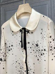High-end long-sleeved silk shirt with high-quality satin star print