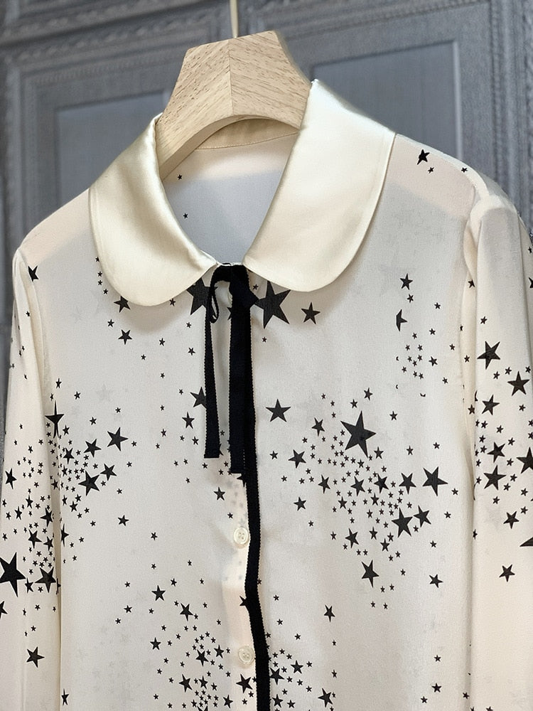 High-end long-sleeved silk shirt with high-quality satin star print