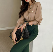 High Quality 2 Pieces Suits Elegant Long Sleeve Shirts + High Waist Pants