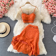 Embroidery Two Piece Set Sexy Backless Tube Top + High Waist Irregular Bodycon Skirt High Quality