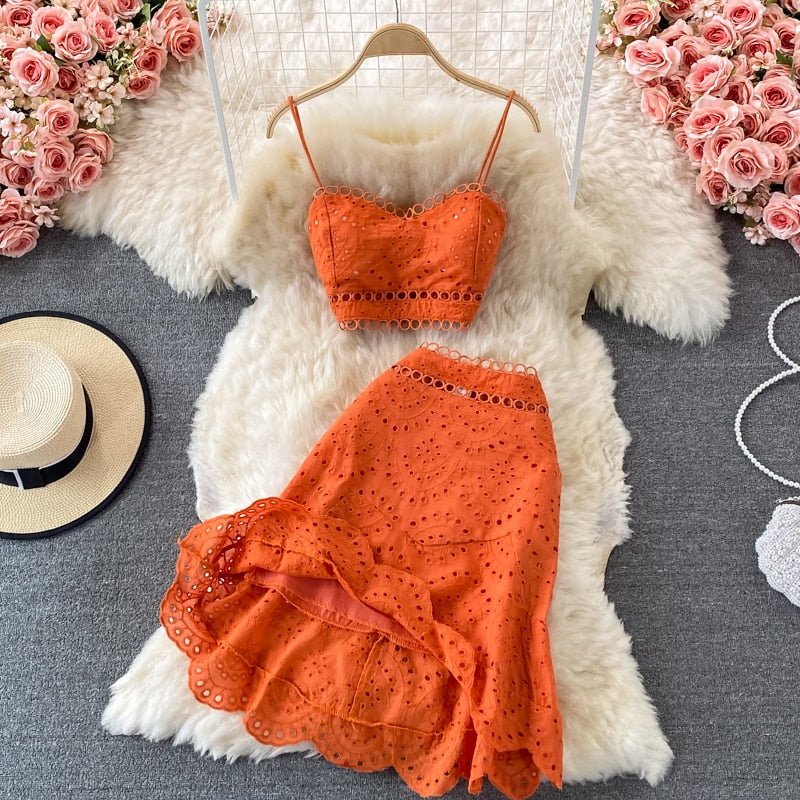Embroidery Two Piece Set Sexy Backless Tube Top + High Waist Irregular Bodycon Skirt High Quality