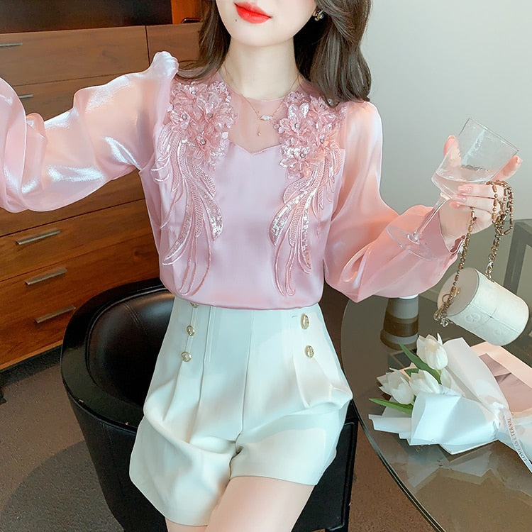 High Quality Long Sleeves Elegant Vintage Embroidered Satin Blouses