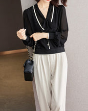 High Quality Long Sleeve Lace Up Chiffon Vintage Blouse