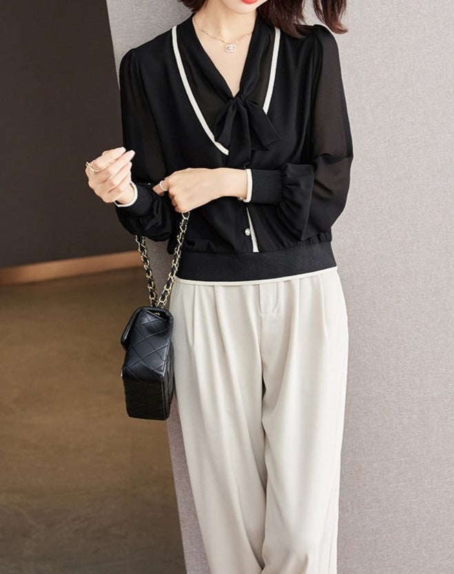 High Quality Long Sleeve Lace Up Chiffon Vintage Blouse