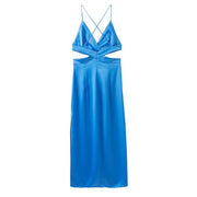 Satin V Neck Solid Hollow Out Backless Side Slit Dress