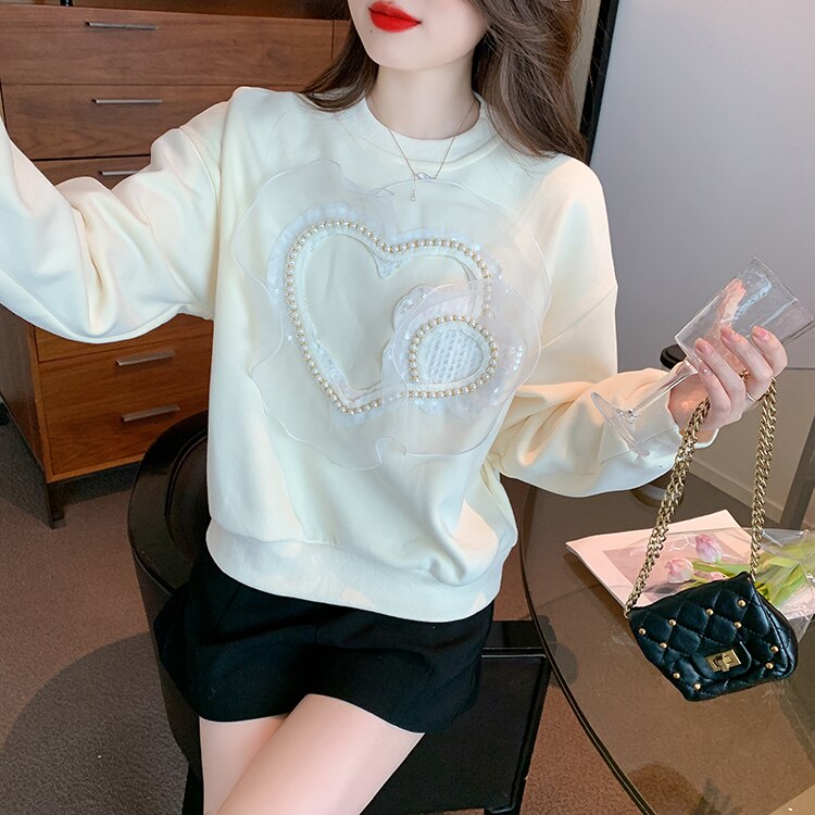 Loose Women Tops Mesh Beading Casual Sweatshirt O-Neck Vintage Work Korean Long Sleeve Simple T-Shirts