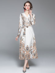V Neck Long Lantern Sleeve Baroque Flower Print Elegant Lace Up Belted Maxi Dress