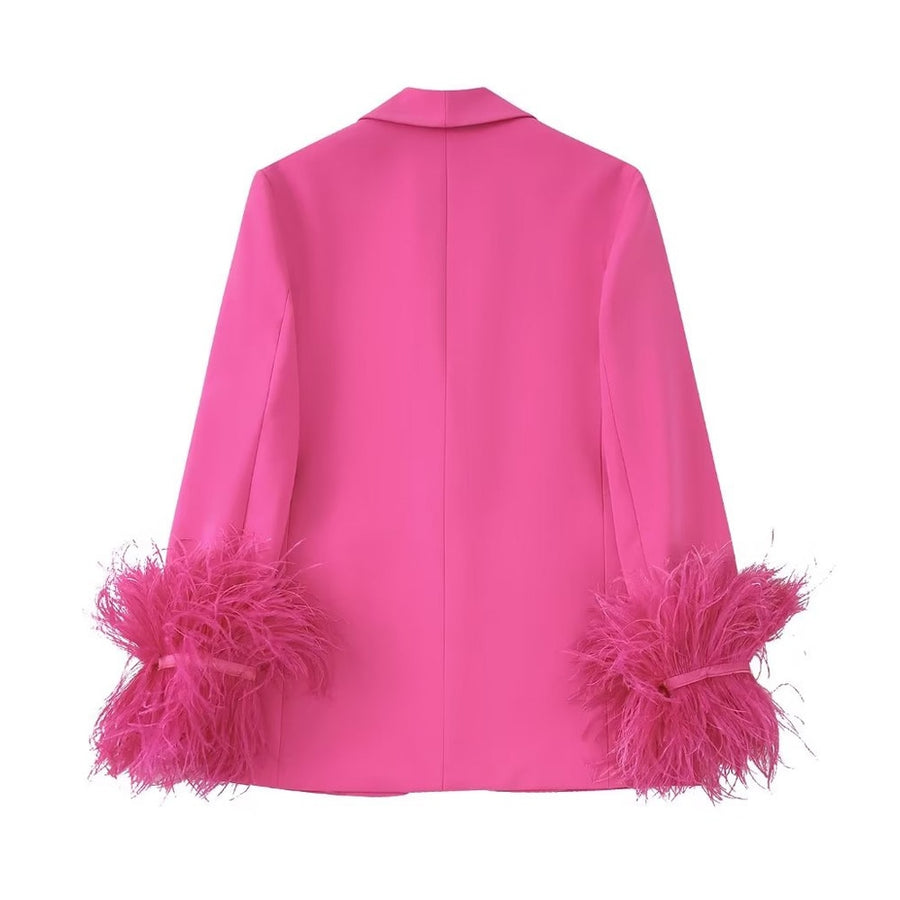 Two Piece Sets Straight Feather Jacket+High Waist Side Zipper Ankle Length Pants