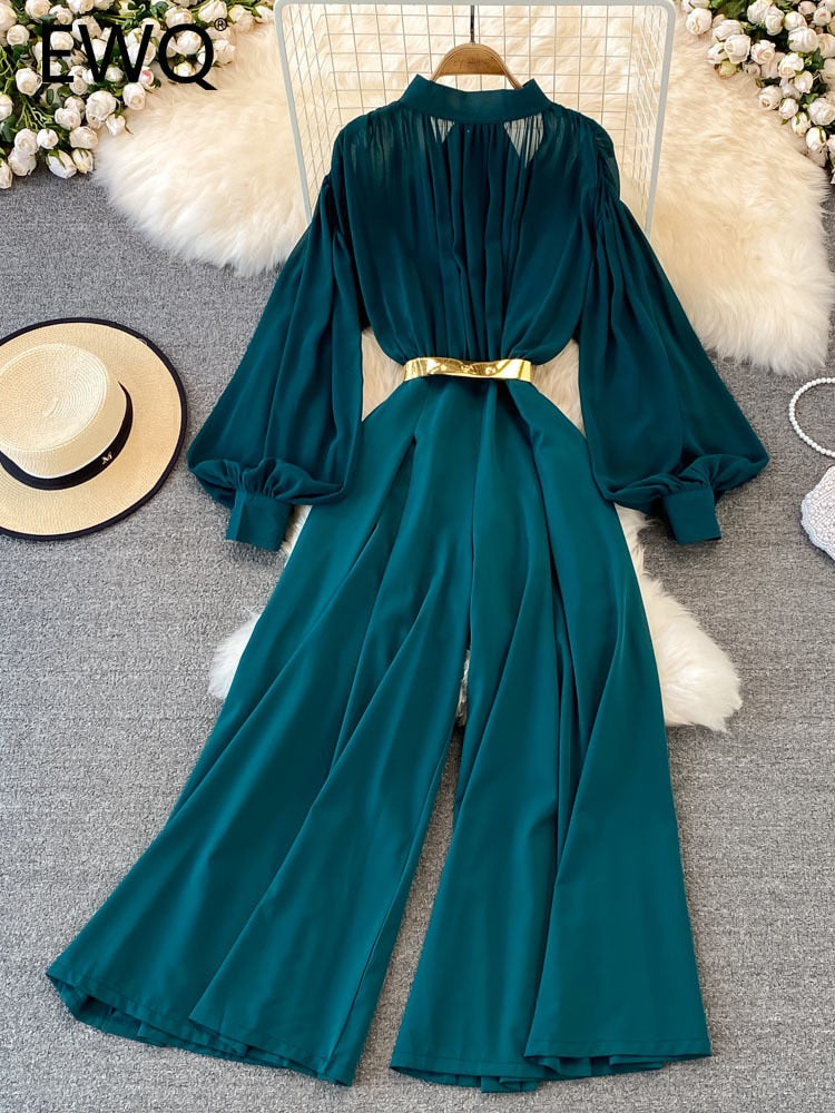 High Quality Wide Leg Lantern Sleeve Stand Collar Pleated Jumpsuit