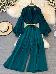 High Quality Wide Leg Lantern Sleeve Stand Collar Pleated Jumpsuit