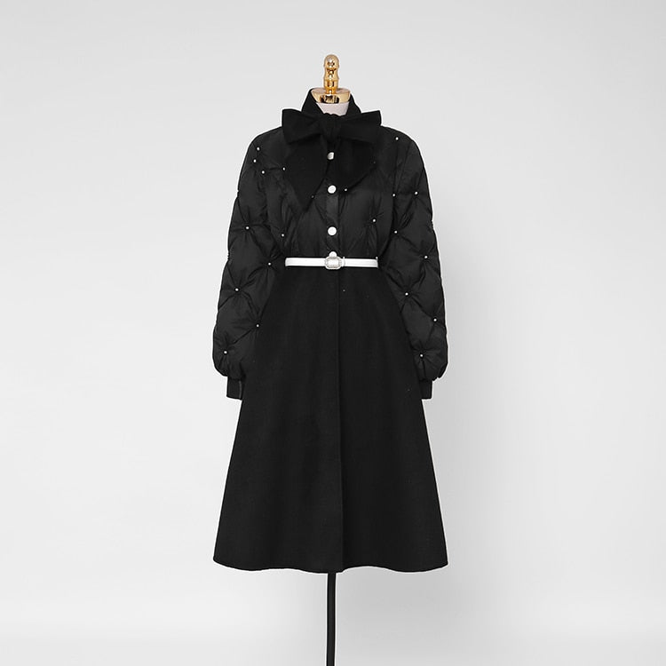 High Quality Elegant Bowknot Thick Stitching Wool Long Trench Coat Jacket