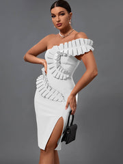 High Quality Sexy One Shoulder Elegant Orange Ruffles Bandage Dress
