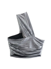 Metallic Color One Shoulder Knotted Sexy Blouse
 Short shirt with pleated side zipper