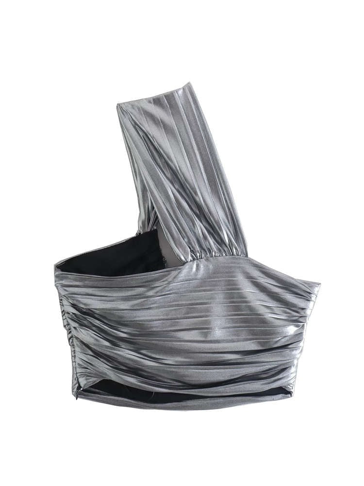Metallic Color One Shoulder Knotted Sexy Blouse
 Short shirt with pleated side zipper