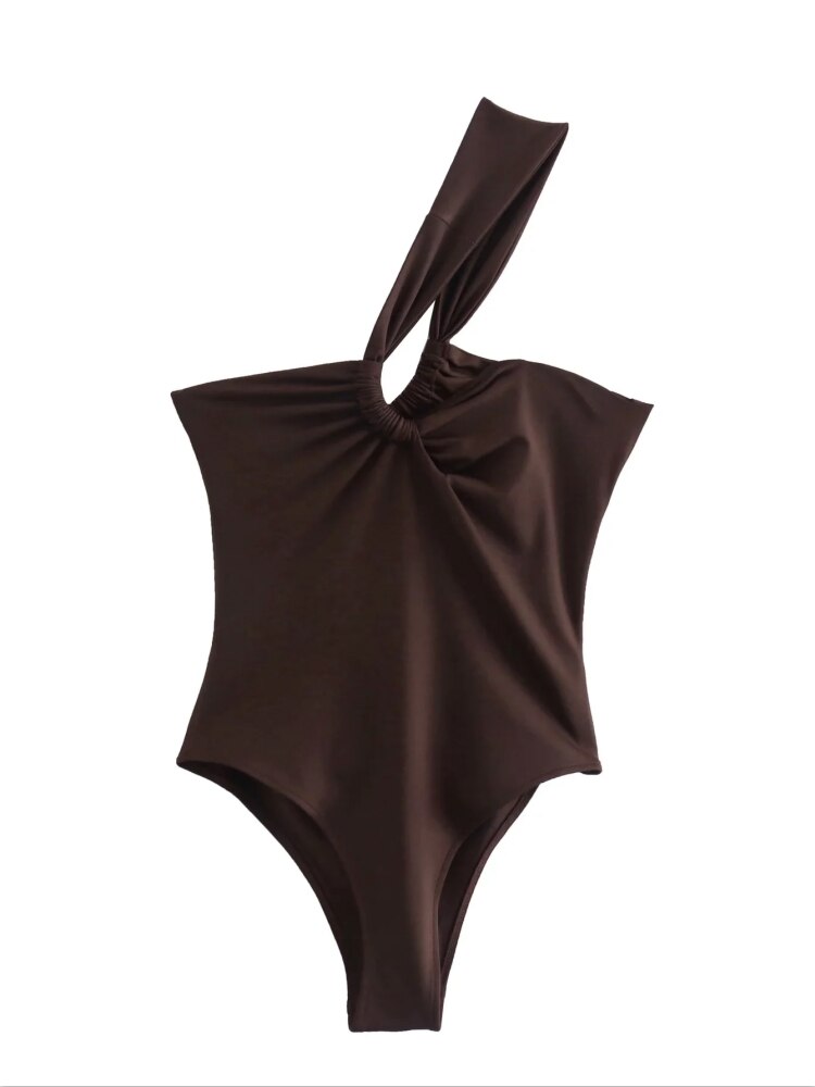 Casual Bodycon Knit Hollow Out Asymmetrical Knotted Bodysuit