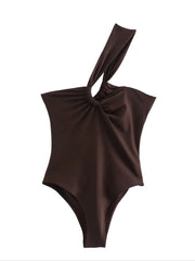 Casual Bodycon Knit Hollow Out Asymmetrical Knotted Bodysuit