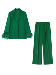 Two-piece set long-sleeved jacket with feather cuffs + pants with zipper