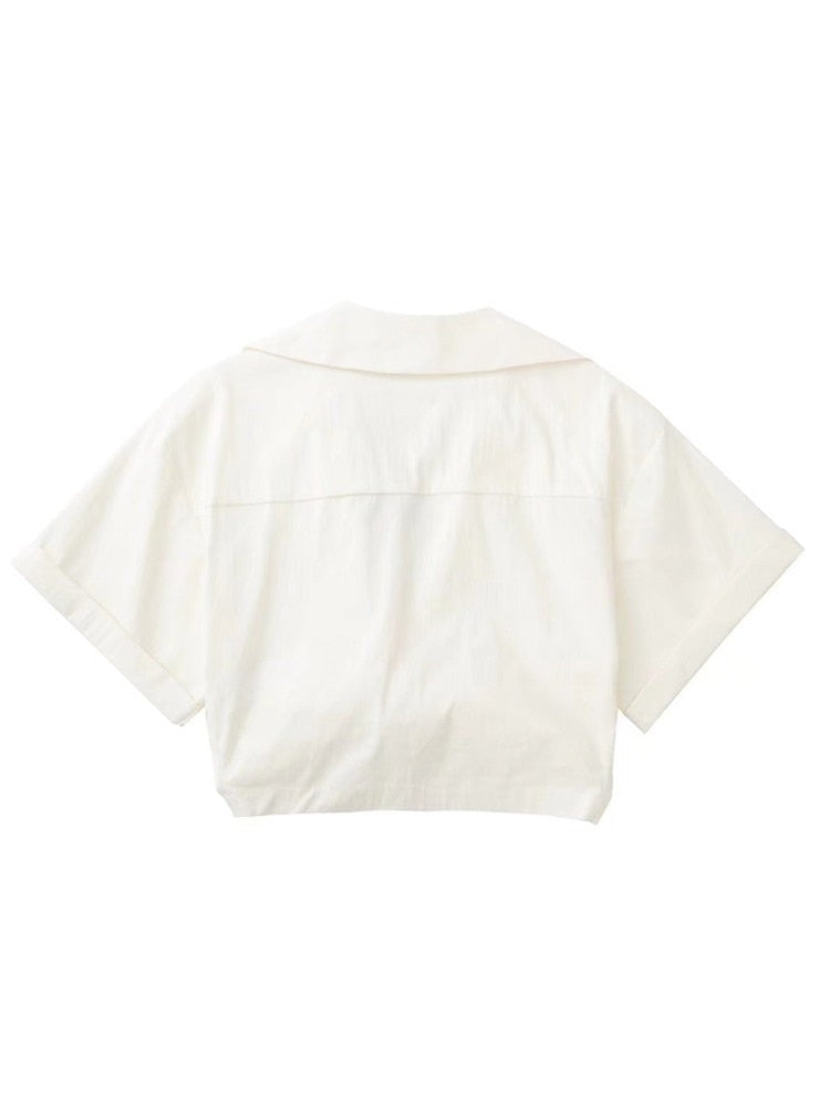 Safari style short blouse Pockets Patch Knotted Linen