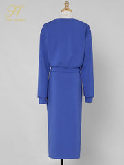 Woman 2 Pieces Set Knotted Loose Cropped Sweatshirt  + Vintage Split Pencil Skirt Korean Simple Skirt Suit