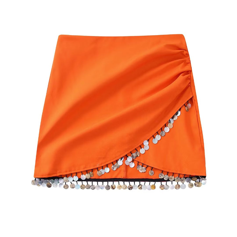 Casual Linen Skirt with Side Pleats and Irregular Hem