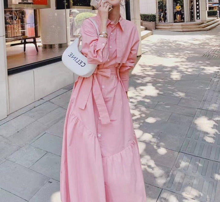 Pink dress with collar long sleeves with pocket on the sides and high quality bow