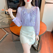High Quality Long Sleeves Elegant Vintage Embroidered Satin Blouses