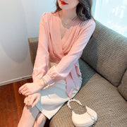 High Quality Long Sleeves V Neck Loose Elegant Vintage Pink Blouses
