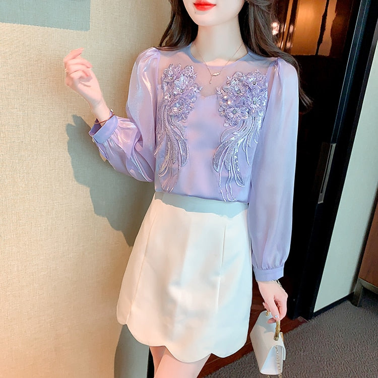 High Quality Long Sleeves Elegant Vintage Embroidered Satin Blouses