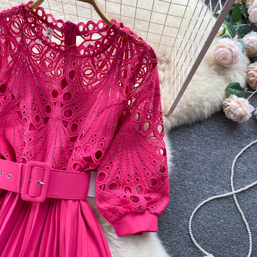 High-quality multi-color belted pleated lace dress with long sleeves