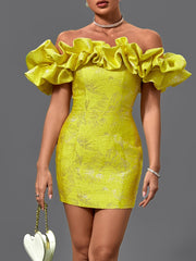 Jacquard Ruffles Off Shoulder Elegant Bodycon Sexy Mini Dress