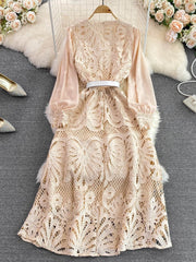 High Quality Lace Round Neck Lantern Sleeve Hook Flower Vintage Dress