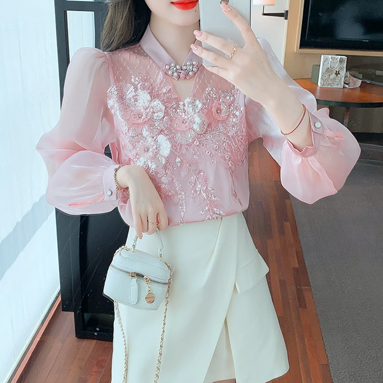High quality loose beaded embroidery vintage elegant blouses
